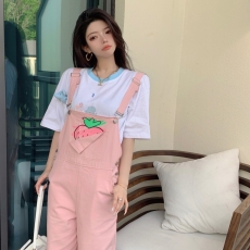 批发学生小清新粉色草莓奶fufu<b class='q'>背带裤</b>女2025新款阔腿裤女小个子套装