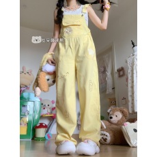 批发发呆鼻涕熊原创自制夏季甜妹直筒工装宽松牛仔<b class='q'>背带裤</b>少女阔腿长裤