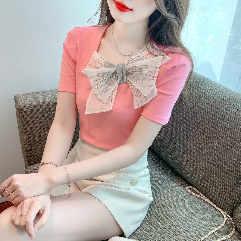 FA16266# 韩版T恤女新款拼接蝴蝶结显瘦设计感小众夏季短袖 服裝批發女裝批發服飾貨源