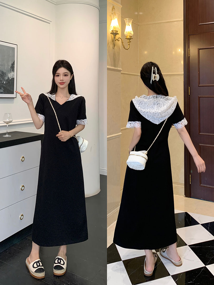 MY4995# 大码女装拼接蕾丝连帽连衣裙女胖MM气质设计感显瘦中长裙女女裝貨源服裝批發