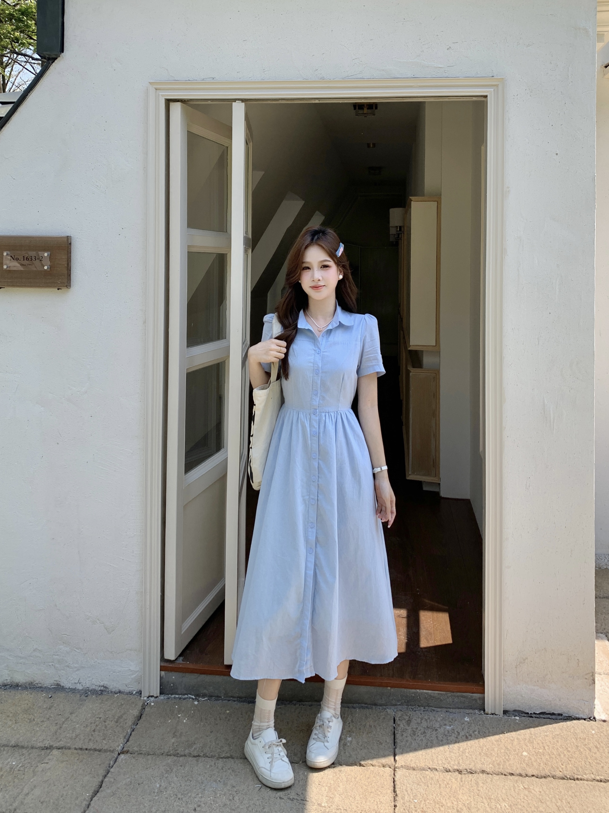 RY1468# 实拍大码蓝色法式娃娃领短袖2025夏季新款高级感百搭小个子...