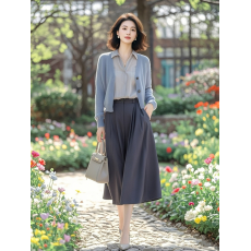 批发高知早春穿搭一整套女士显瘦通勤休闲蓝色<b class='q'>羊绒</b><b class='q'>开衫</b>两件气质套装裙