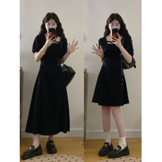 批发实拍1200件<b class='q'>大码</b>女装法式短袖连衣裙女胖MM收腰黑色牛仔连衣裙