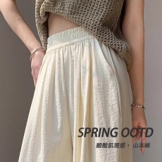 批发三种裤长-立体腰头---白色奶芙山本裤女春夏高腰垂感小个子阔腿裤
