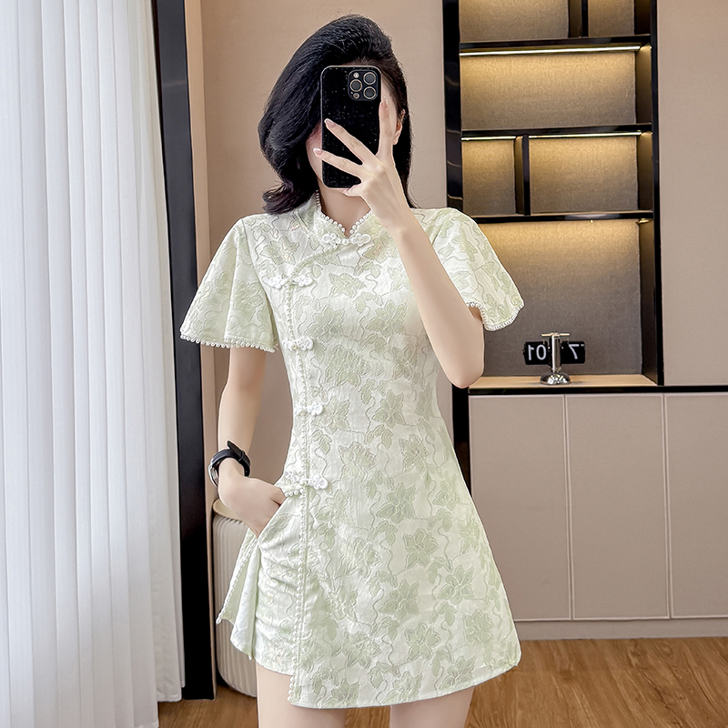 BY9180#夏季新中式复古改良旗袍裙盘扣蕾丝国风连衣裙短裤两件套