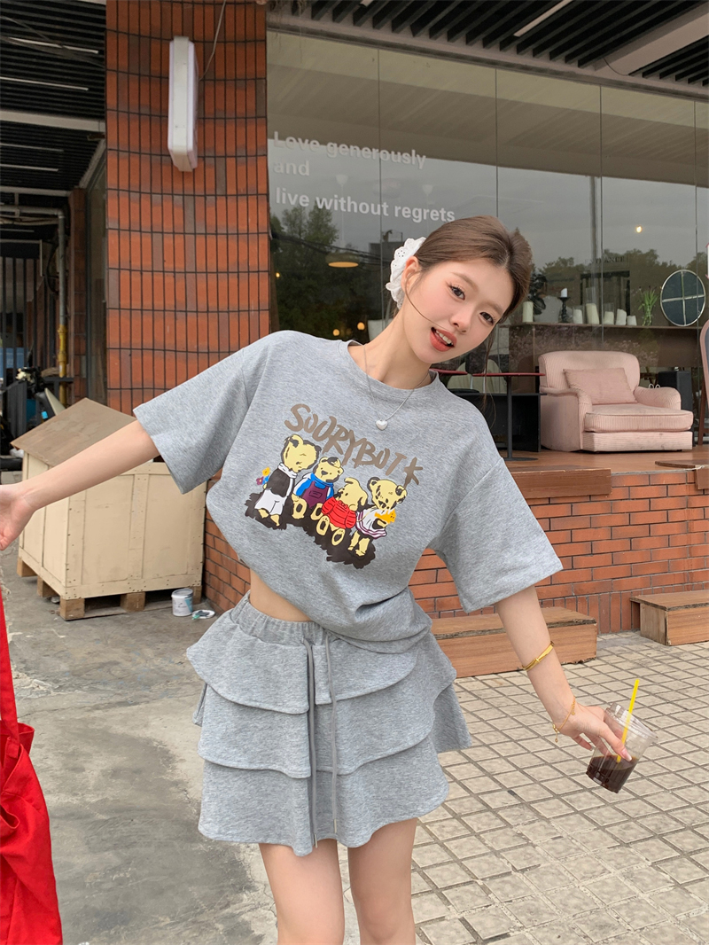 FA24674# 夏季卡通图案印花宽松短袖T恤半身蛋糕裙套装女 服裝批發女裝批發服飾貨源