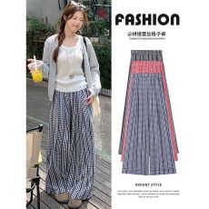 批发蓝色拼接蕾丝格子裤女2025年春<b class='q'>夏</b>季高腰垂感宽松慵懒风休闲阔腿裤