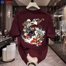 批发<b class='q'>中国风</b>潮流重磅男士短袖T恤鲤鱼花朵小众国潮宽松休闲圆领上衣男