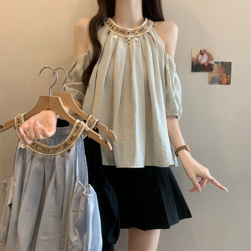 FA16005# 夏季新款挂脖露肩设计感宽松雪纺衫女大码百搭休闲上衣女 服裝批發女裝批發服飾貨源