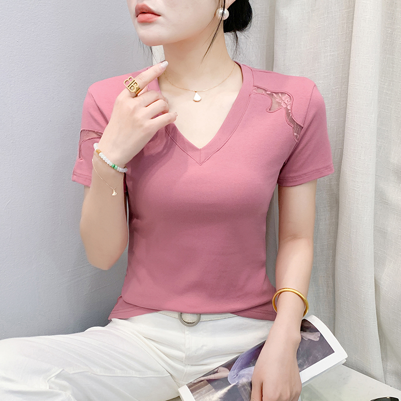 MY6906# 纯色V领时尚女人味上衣 夏季新款百搭洋气休闲女装通勤棉T恤女裝貨源服裝批發