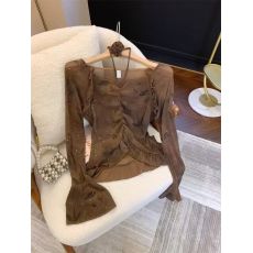 批发新款纯欲风V领<b class='q'>不规则</b>立体花荷叶边亮丝纱网上衣扎染长袖打底衫女