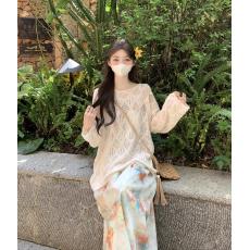 批发春游慵懒风菱形镂空<b class='q'>针织</b><b class='q'>罩衫</b>外搭女大码胖mm木耳花边吊带裙两件套