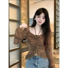 批发新款纯欲风V领<b class='q'>不规则</b>立体花荷叶边亮丝纱网上衣扎染长袖打底衫女