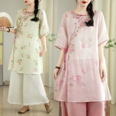 批发2026夏季国风新中式高端苎麻印花刺绣中长斜襟衬衫裙优雅茶服上衣