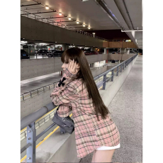 批发设计感刺绣小众复古格子长袖衬衫春<b class='q'>秋</b>薄款休闲百搭宽松粉色开衫女