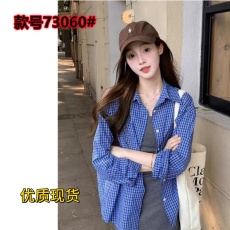 批发原版梭织格 蓝色格纹Polo领衬衫外套女春<b class='q'>秋</b>宽松长袖衬衣