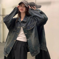 批发牛仔外套女美式复古2025新款春秋款oversize做旧复古夹克上衣