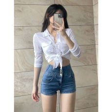 批发长袖辣妹休闲衬衣女设计感修身白色纯欲紧身小众气质衬衫上衣<b class='q'>秋</b>季