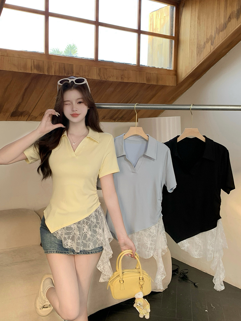 MY5561# 夏装新款胖mm大码女设计感休闲蕾丝polo领别致短袖T恤女裝貨源服裝批發