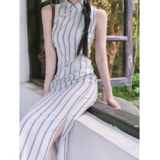 批发新中式超好看绝美淑女改良复古江南民国风条纹旗袍气质连衣裙女夏