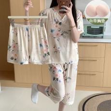 批发25年夏季新款冰感面料修身V领带胸垫短袖短裤七分裤三件套睡衣套