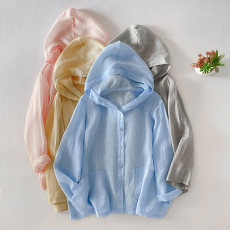 批发轻薄苎麻连帽<b class='q'>外套</b>女装九分袖衬衫开衫宽松文艺<b class='q'>夏季</b>防晒衫百搭上衣