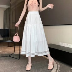 批发白色镂空蕾丝拼接半身<b class='q'>裙</b>女夏季2024新款松紧高腰a字气质大摆伞<b class='q'>裙</b>