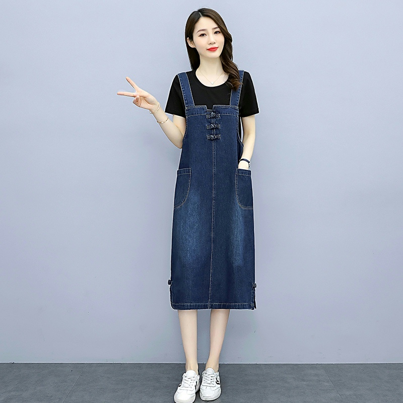 MY8010# 夏新款时尚休闲舒适宽松复古盘扣背带裙两件套女裝貨源服裝批發