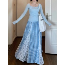 批发设计感蕾丝花边拼接格纹半身<b class='q'>裙</b>大码胖mm多巴胺高腰显瘦a字长<b class='q'>裙</b>子