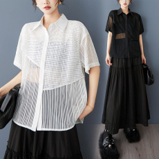 批发实拍小众不规则高级感肌理<b class='q'>网纱</b>衬衫洋气透视休闲日系百搭<b class='q'>上衣</b>