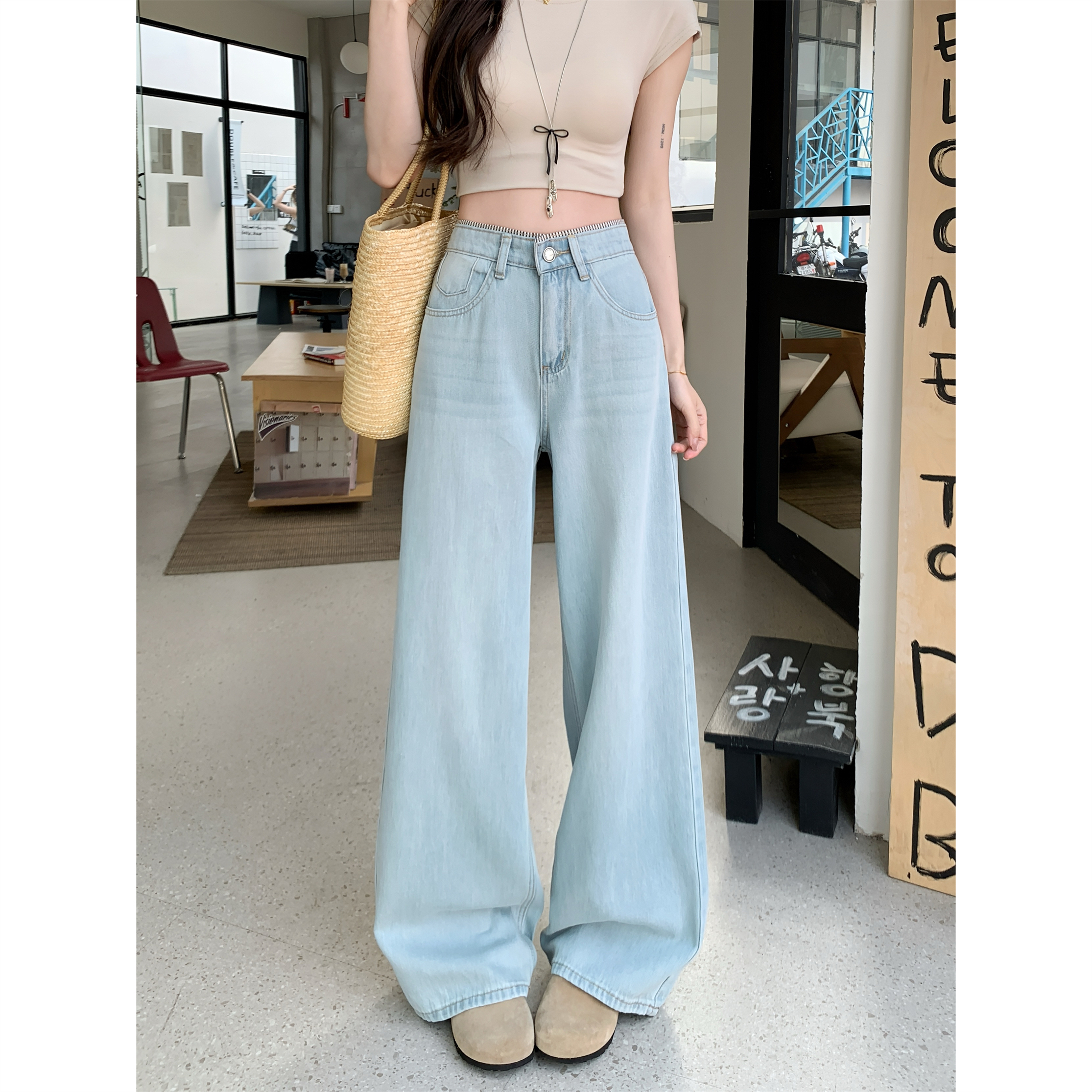 실사 빅 사이즈 고급 디자인 센스 작은 심장 기계 스트라이프 패치워크 허리 워싱 청바지 루즈핏 스트레이트 와이드 레그 팬츠