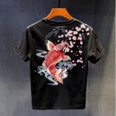 批发春夏新款国潮<b class='q'>中国风</b>刺绣鲤鱼纯棉短袖T恤宽松男女情侣大码