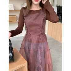 批发实拍 复古氛围感~圆领修身长袖T恤+透明<b class='q'>欧根纱</b>收腰连衣裙<b class='q'>套装</b>