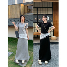 实拍~胖MM时尚套装裙花边拼接短袖T+假两件蕾丝拼接半身裙