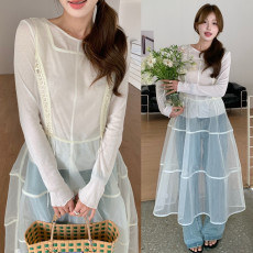 批发实拍 法式复古 透视蕾丝<b class='q'>欧根纱</b>蓬蓬连衣裙+修身长袖T恤套装