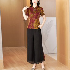 批发<b class='q'>夏</b>季新款中年<b class='q'>妈妈装</b>改良旗袍复古提花时尚修身两件套装