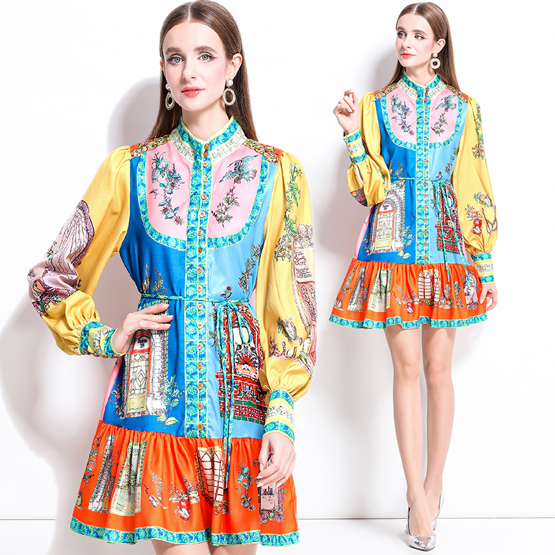MY17519# 新款复古印花灯笼袖荷叶边连衣裙女裝貨源服裝批發