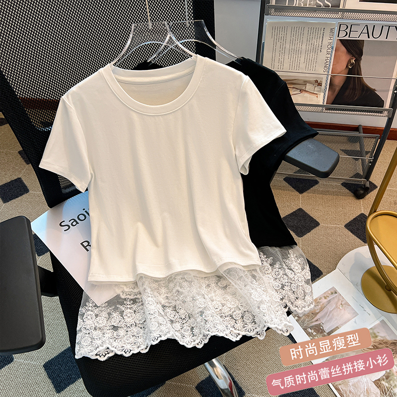 MY5264# 新款时尚圆领下摆拼蕾丝花边短袖T恤女百搭打底衫女裝貨源服裝批發