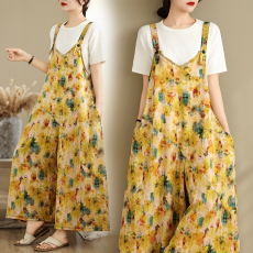 批发实拍新中式复古油画风碎花<b class='q'>连体裤</b>裙女夏2025新款宽松腰垂感高级感