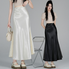 批发实拍醋酸缎面拼接a蕾丝鱼尾裙半身裙女高腰垂感a字遮胯包臀中长裙