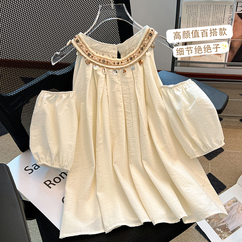 MY4879# 夏季新款重工钉珠露肩韩系时尚宽松波西米亚短袖衬衫女裝貨源服裝批發