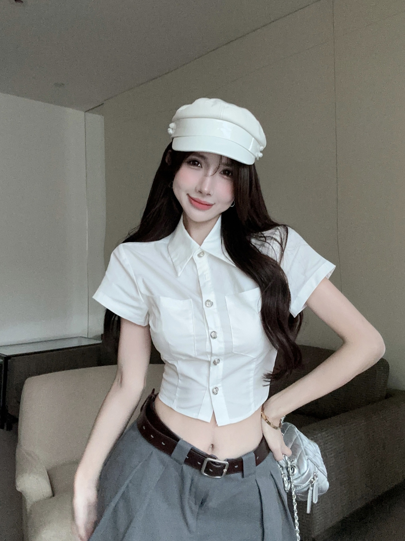 실사 작은 날다 소매 여성 셔츠 여름 디자인 센스 핫걸 꼬집기 허리 반팔 백리스 허리 수축 쇼트 스타일 맨위