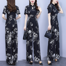 批发实拍黑色旗袍领<b class='q'>连体裤</b>2026年夏季新品气质显瘦长款高腰阔腿裤女