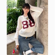 批发美式<b class='q'>街头</b>镂空针织衫女秋季新款毛衣数字提花足球服慵懒风宽松球衣