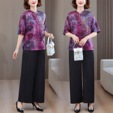 批发2025新款香云纱妈妈女宽松真丝新中式绣花立领上衣裤子两件套