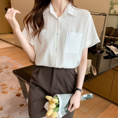 批发实拍洋气休闲夏季休闲女装翻领<b class='q'>短袖</b><b class='q'>雪纺衫</b>上衣开衫衬衫打底衫衬衣