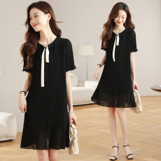 批发实拍百褶裙女夏季新款宽松遮肉显瘦气质小黑裙胖mm<b class='q'>休闲</b>雪纺<b class='q'>连衣裙</b>