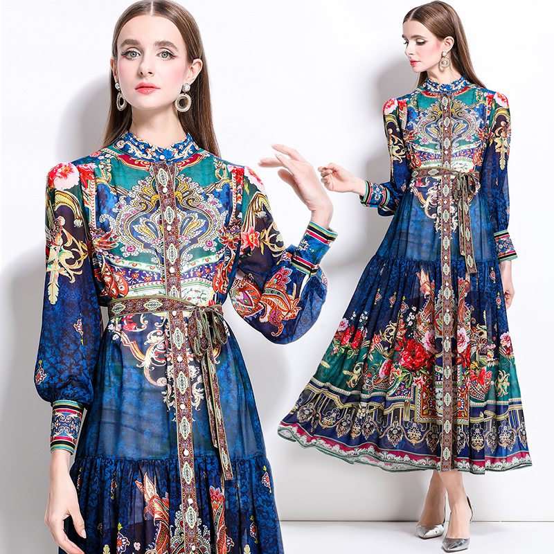 MY17516# 新款复古雪纺立领灯笼袖印花连衣裙长裙女裝貨源服裝批發