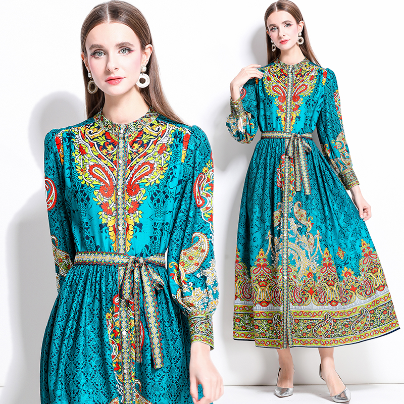 MY17514# 宫廷风复古收腰显瘦单排扣长裙立领连衣裙女裝貨源服裝批發