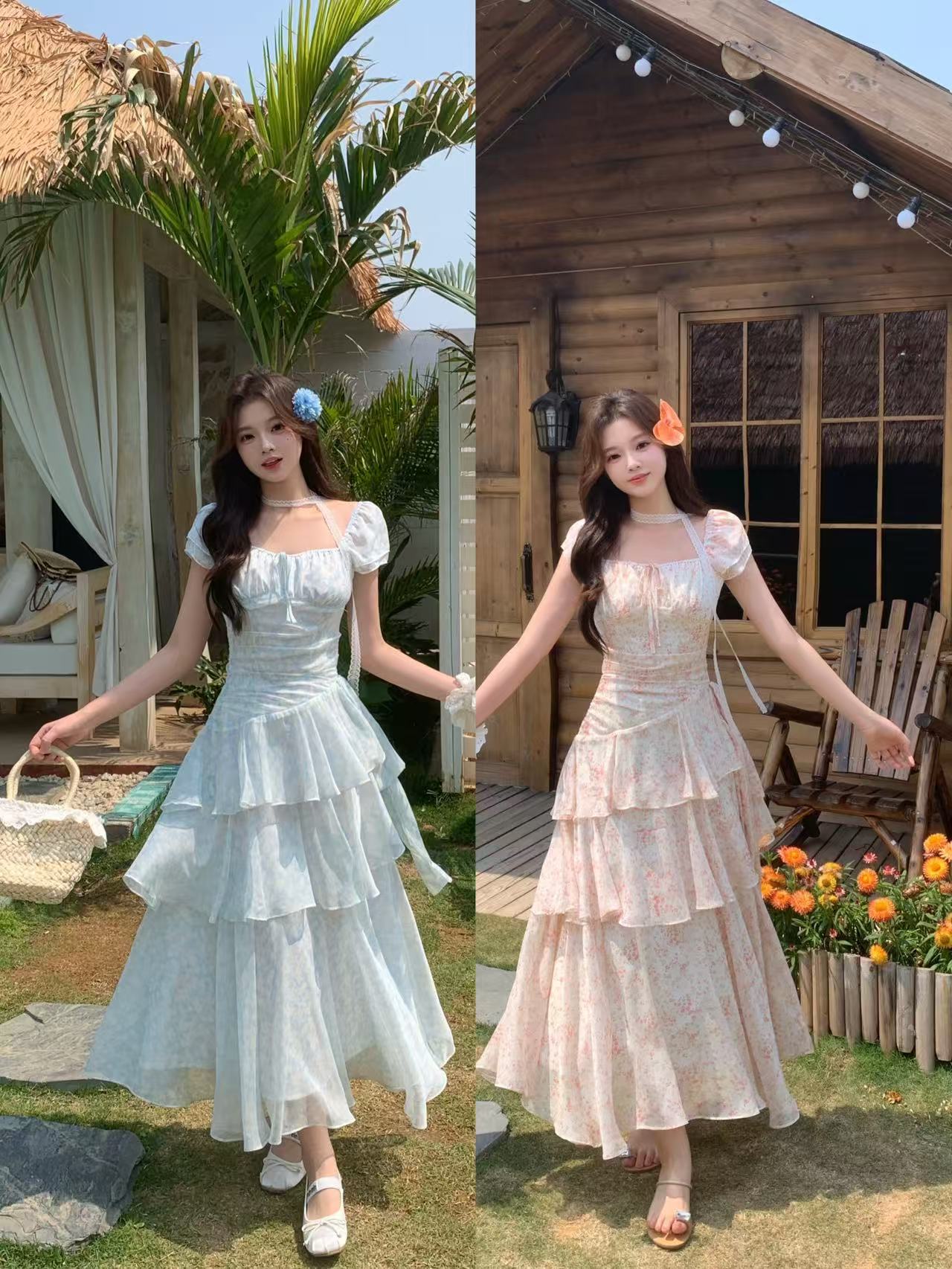 MY7529# 大码梦境花园夏季新款法式温柔碎花不规则裙摆收腰显瘦连衣裙女裝貨源服裝批發